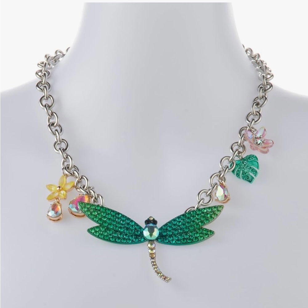 NWT! Betsey Johnson Dragonfly Rhinestone Charm Flower Necklace Garden Glam